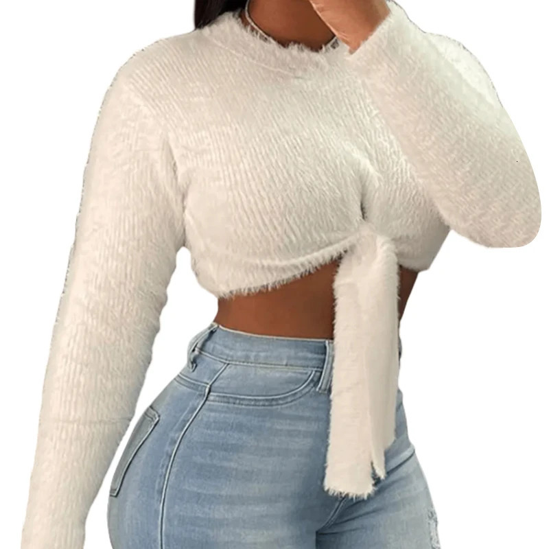 Womens Crop Top Sweater Fashion Female ONeck Long Sleeve Pullover 2024 Soft White Temperament Casual Knitted 250225