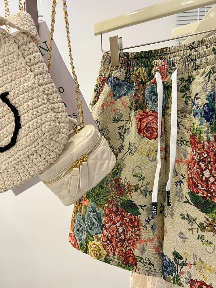 Plus Size 150kg Womens High Waist Shorts Jacquard Weave Artistic Aesthetics Wide Leg Short Y2k 2024 Summer Cool Sport 250228Z