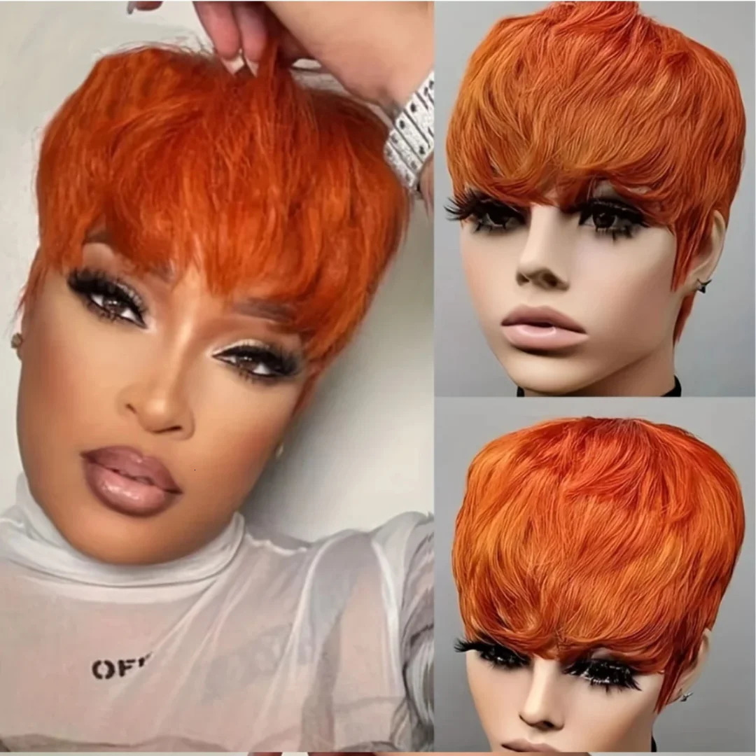 Ginger Color Short Peruvian Hair Wig with Bangs Orange Color full machine made Short Pixie Cut Bob Wig 100% Human Hair Wigs 250227