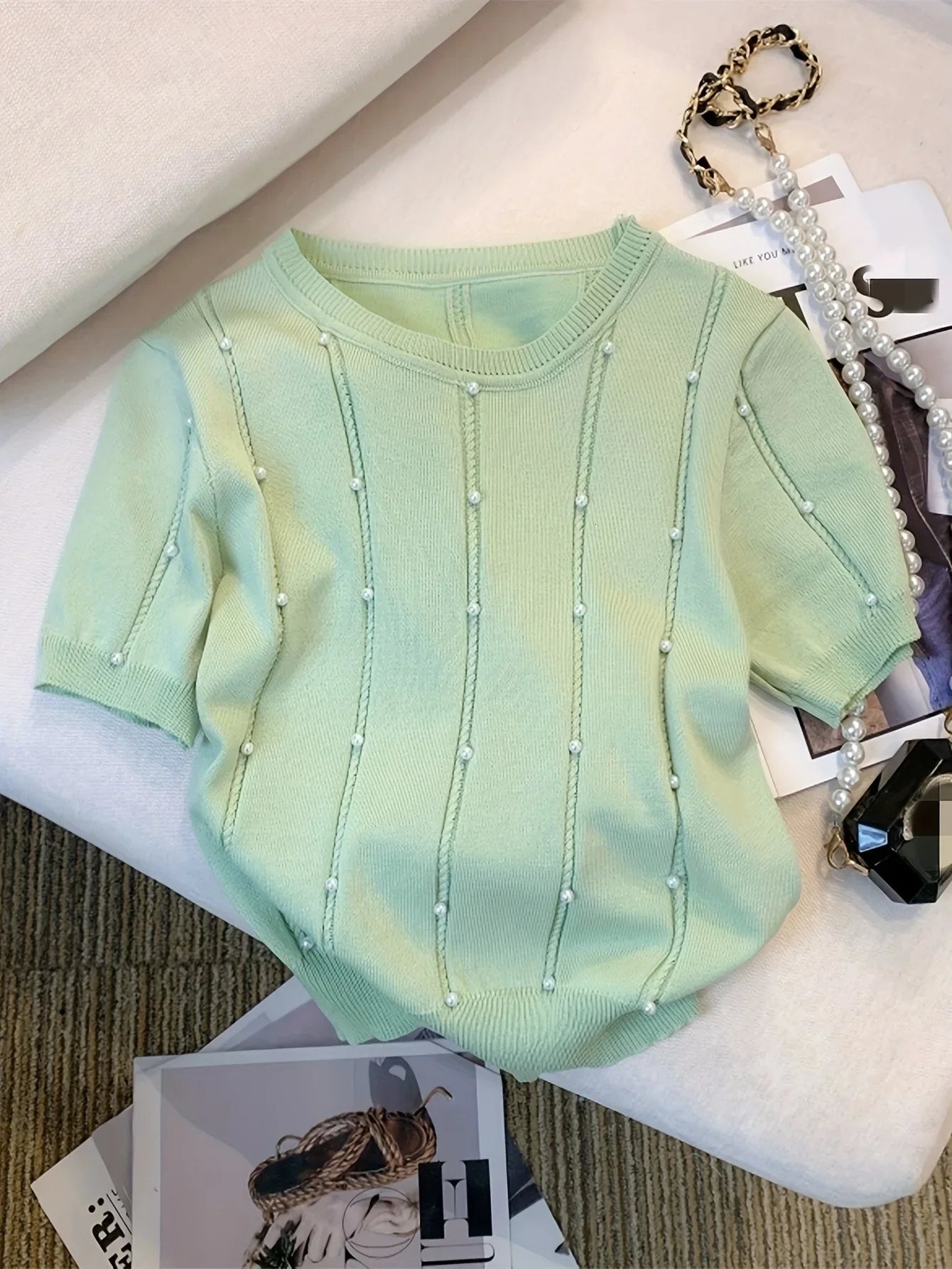 2025 Thin Solid Color Crew Neck Beaded Sweater Chic Short Sleeve Knit Top For Spring Summer Womens Clothing Crop 250225