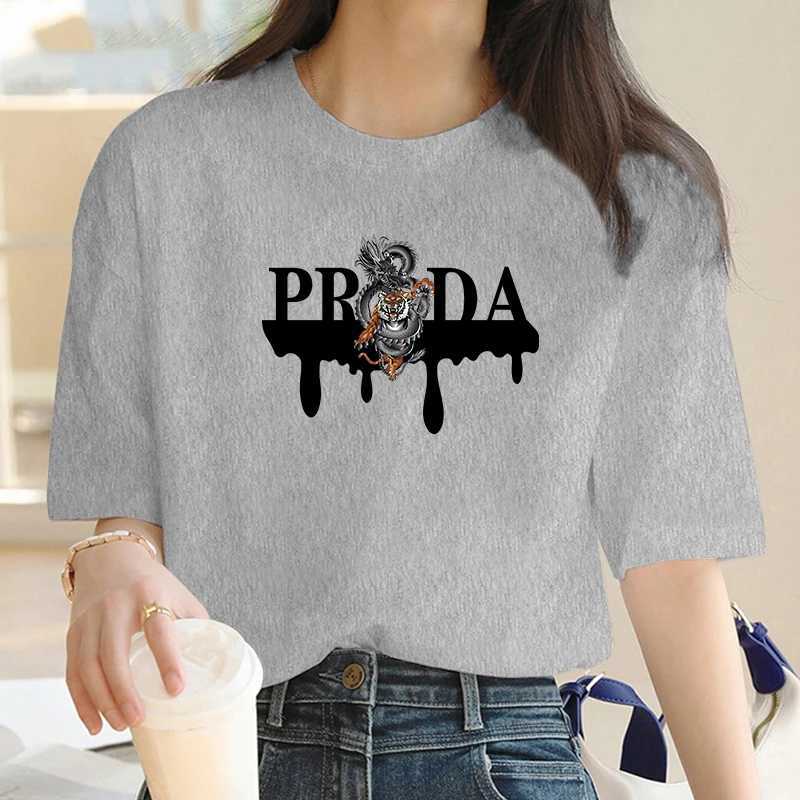 Luxury Brand Fashion Dragon and Tiger Pattern Printed Crew Neck Clothing Short Sleeve T-Shirt Trend Womens Summer Y2K TopT250228