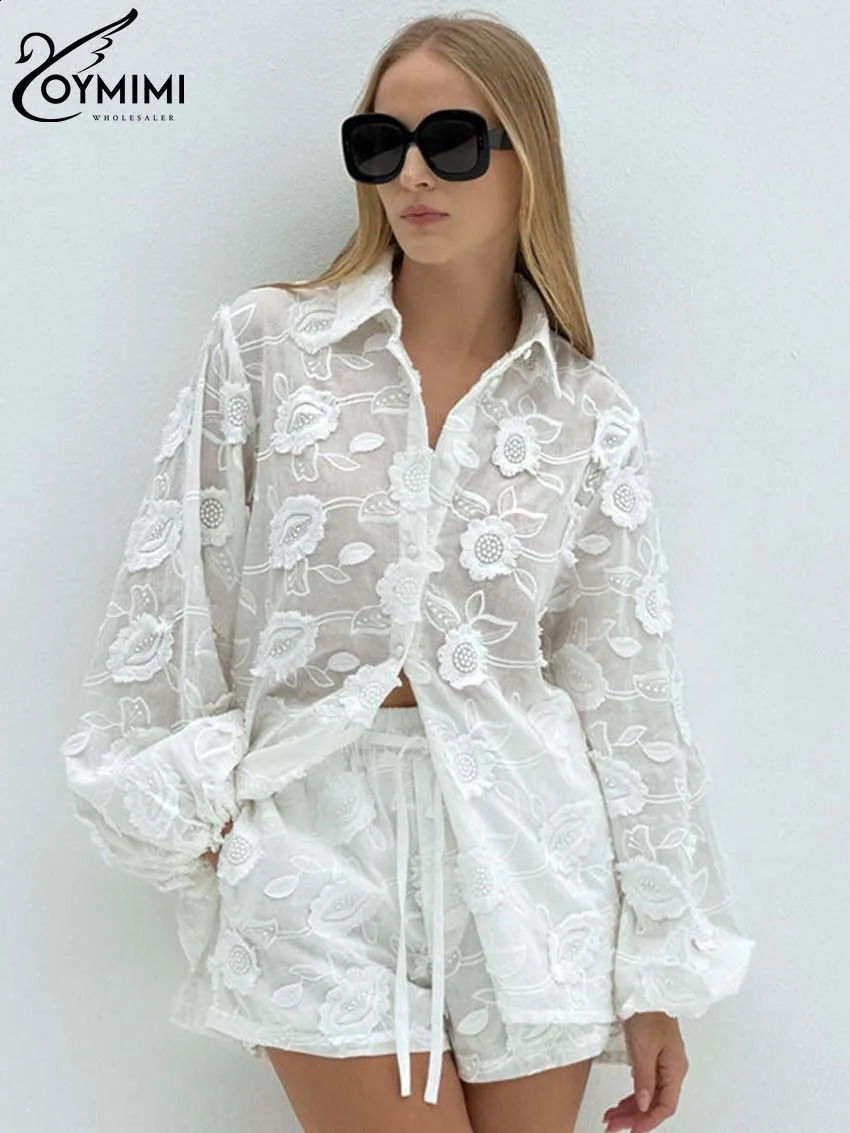 Oymimi Women's White Jacquard Button Shirt and High Waist Skinny Slim Shorts Set - Acetate Wrist Sleeve Top, Casual Vacation Two-Piece Summer Outfit - view 3