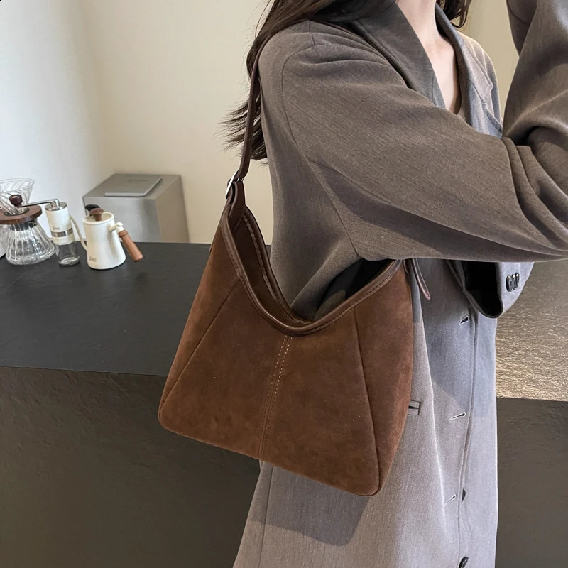 Ship from US Vintage Womens Bag Large Capacity Suede Shoulder Solid Color Simple Casual Retro PU Trendy Hobo Bags Handbags 250227FBB