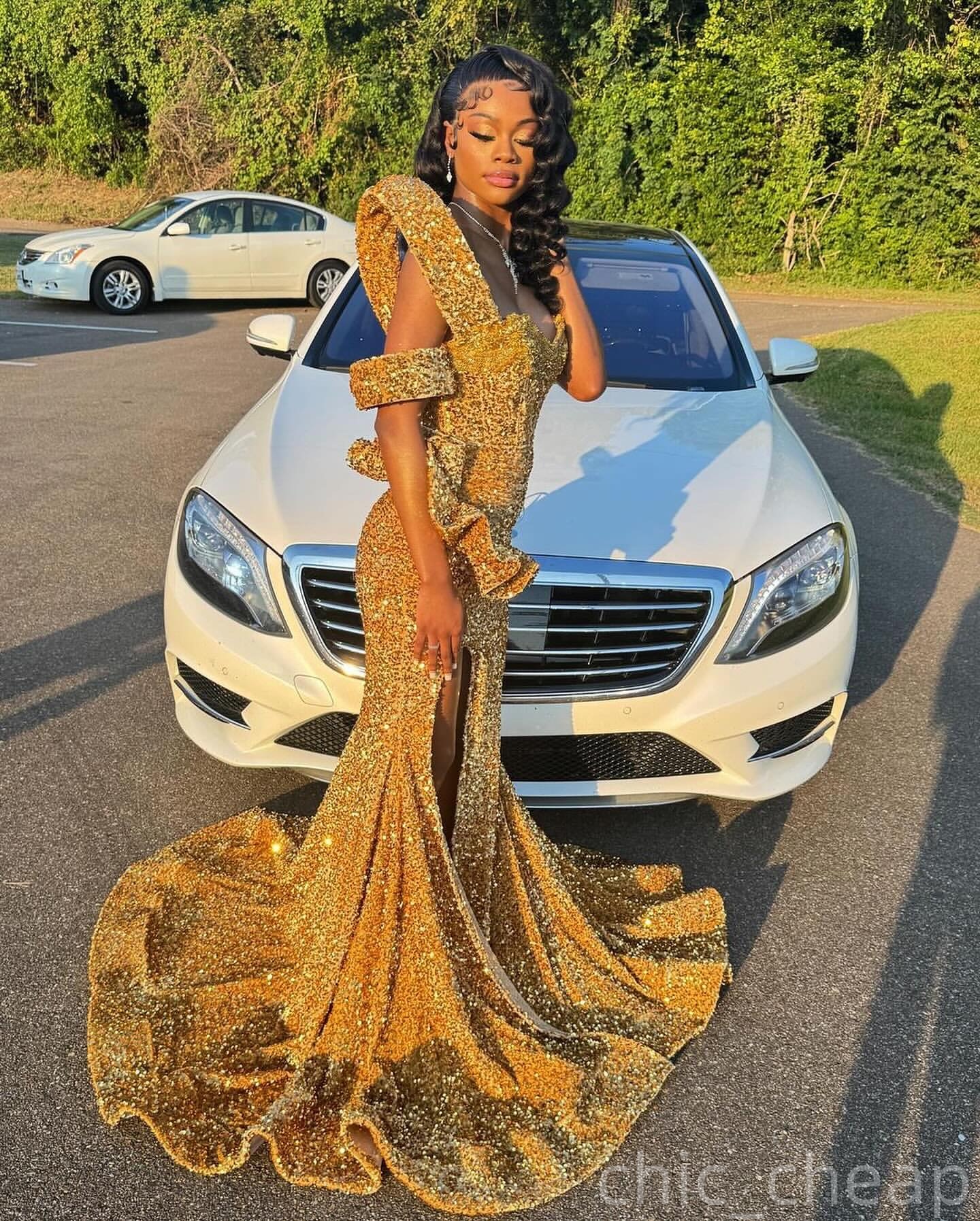 Gold Mermaid Prom Dresses 2025 Sweetheart Crystals Sequined High Split Evening Formal Party Second Birthday Engagement Gowns Plus Size Dress For Speci