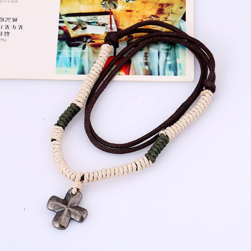 Popular accessories: hemp rope woven alloy cross necklace, punk men's necklace
