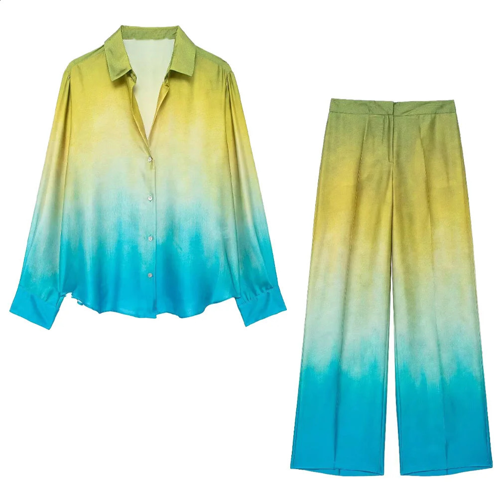 TRAF Autumn womens fashionable casual loose collar long sleeved tie dye printed shirt high waist wide leg pants set 250228