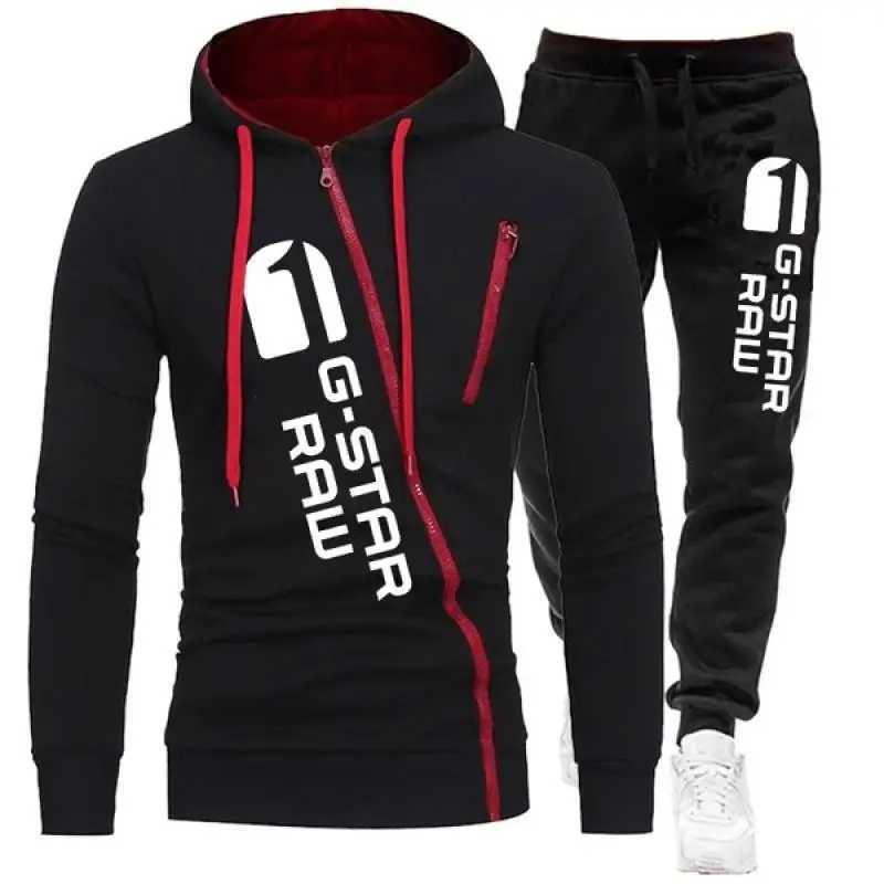 2024 Autumn Winter Oblique Zipper Tracksuit Men Sweatshirt + Sweatpants 2 Pieces Set Casual Mens Hooded Hoodies Suit Sportswear X250228
