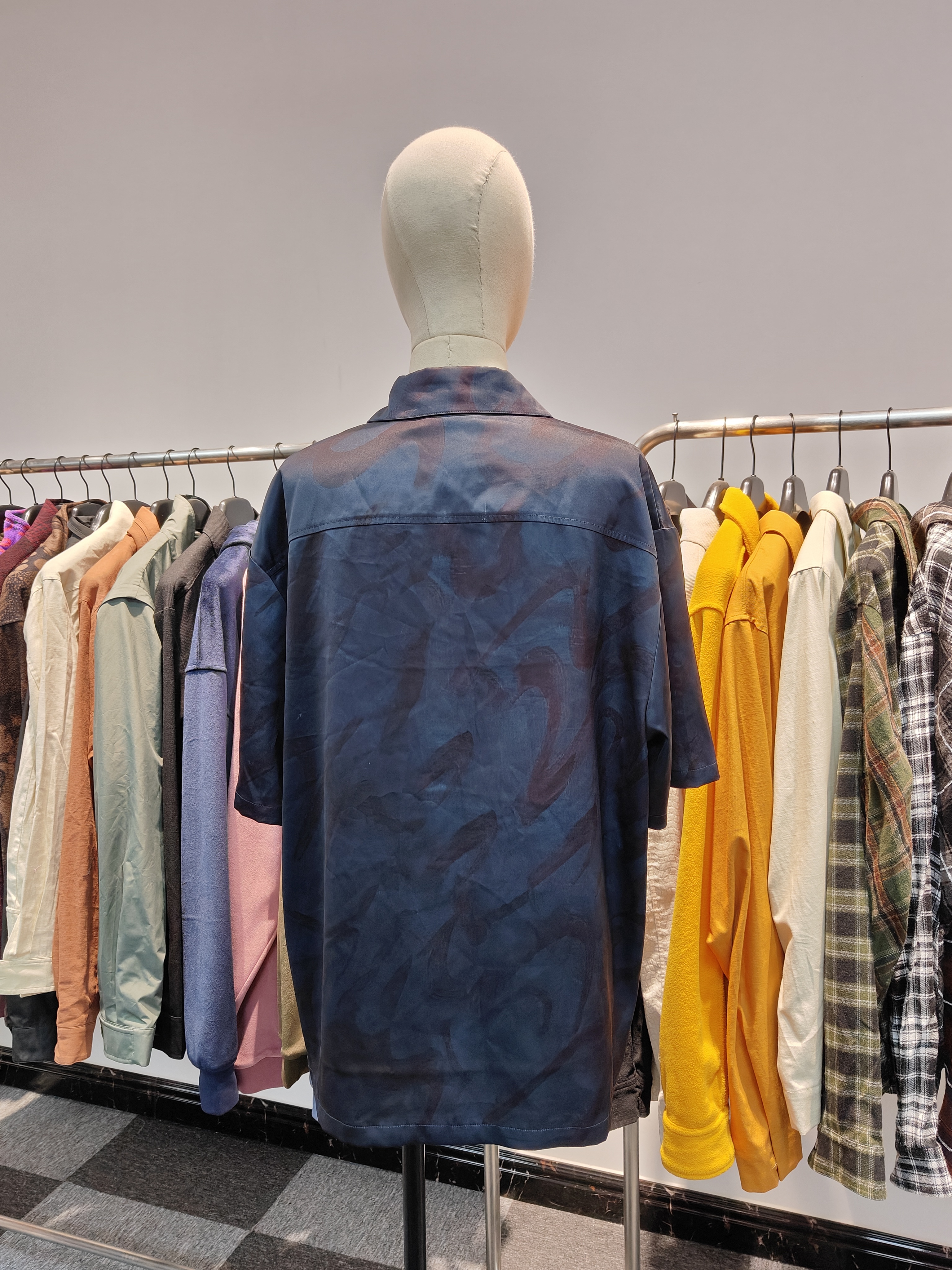 Men's Dark Blue Chilling Satin Polo Shirt with Allover Happy Print Loose Fit for Casual Wear Custom Branded