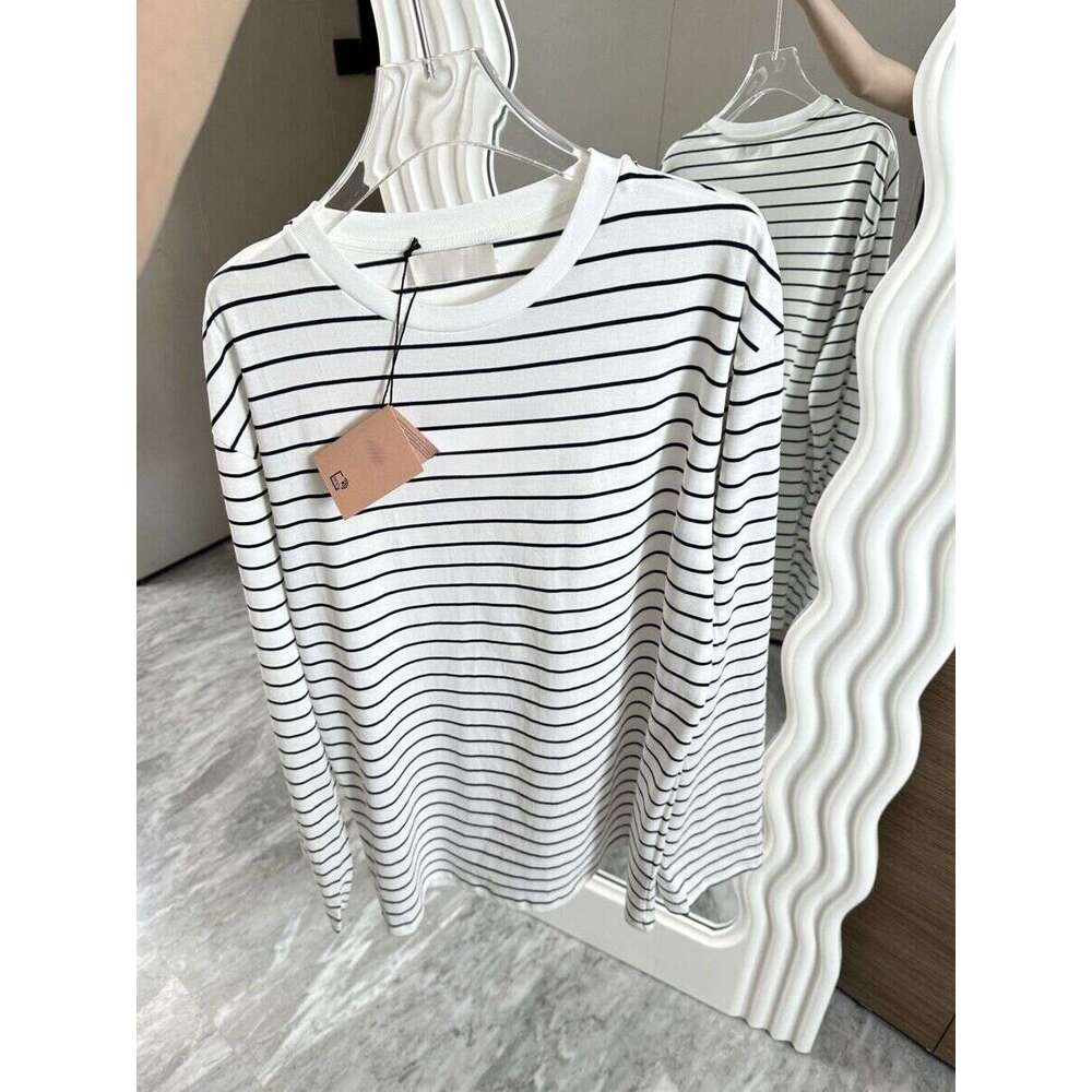 Autumn New Black And White Striped Contrasting Long Sleeved T-Shirt Thin Polo Collar Unisex Top Round Neck