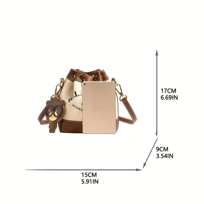 Letter Graphic Bucket Bag For Women - Canvas ing Crossbody Bag, Drawstring Shoulder Purse With Pendant