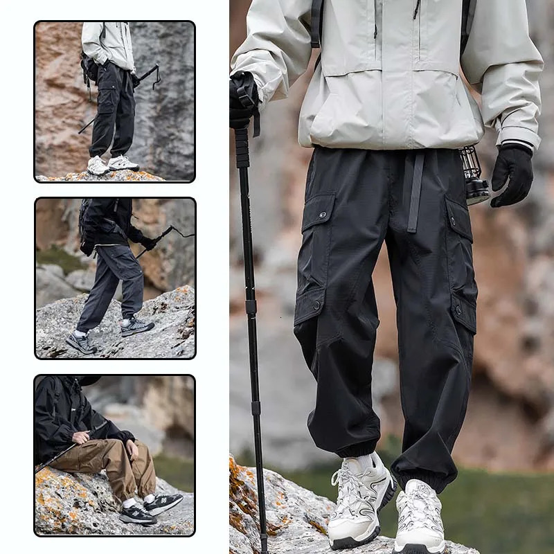 Mens Waterproof Hiking Pants Breathable Antifouling Loose Fit Cargo Pants Elastic Waistband Casual Camping Sport Pants 250227