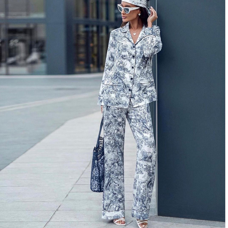 New4 Spring And Autumn New Ink Printing INS Simple Small Collar Sleeve Long Pants Two Piece Set Women's Wear