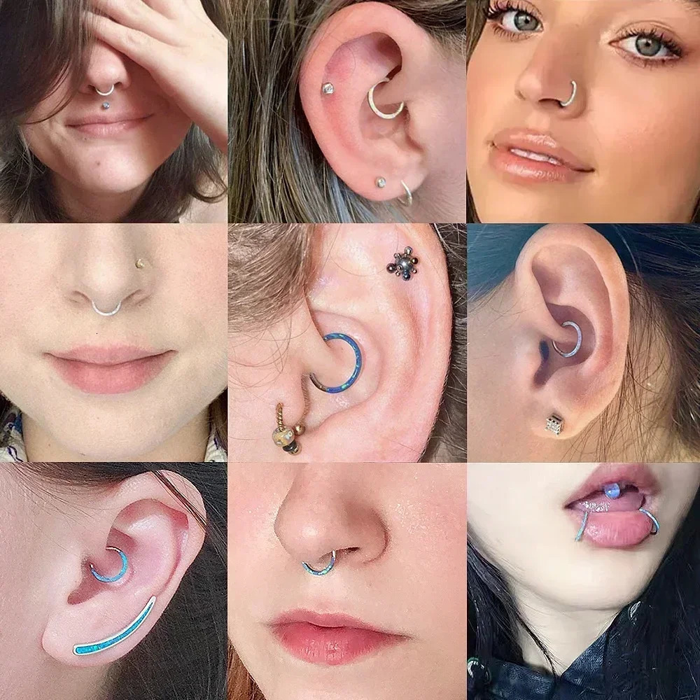 G23 Front Side Opal Nose Ring 6mm - 12mm Septum Clicker Hinged Hoop Ear Cartilage Tragus Lip Piercing 250227