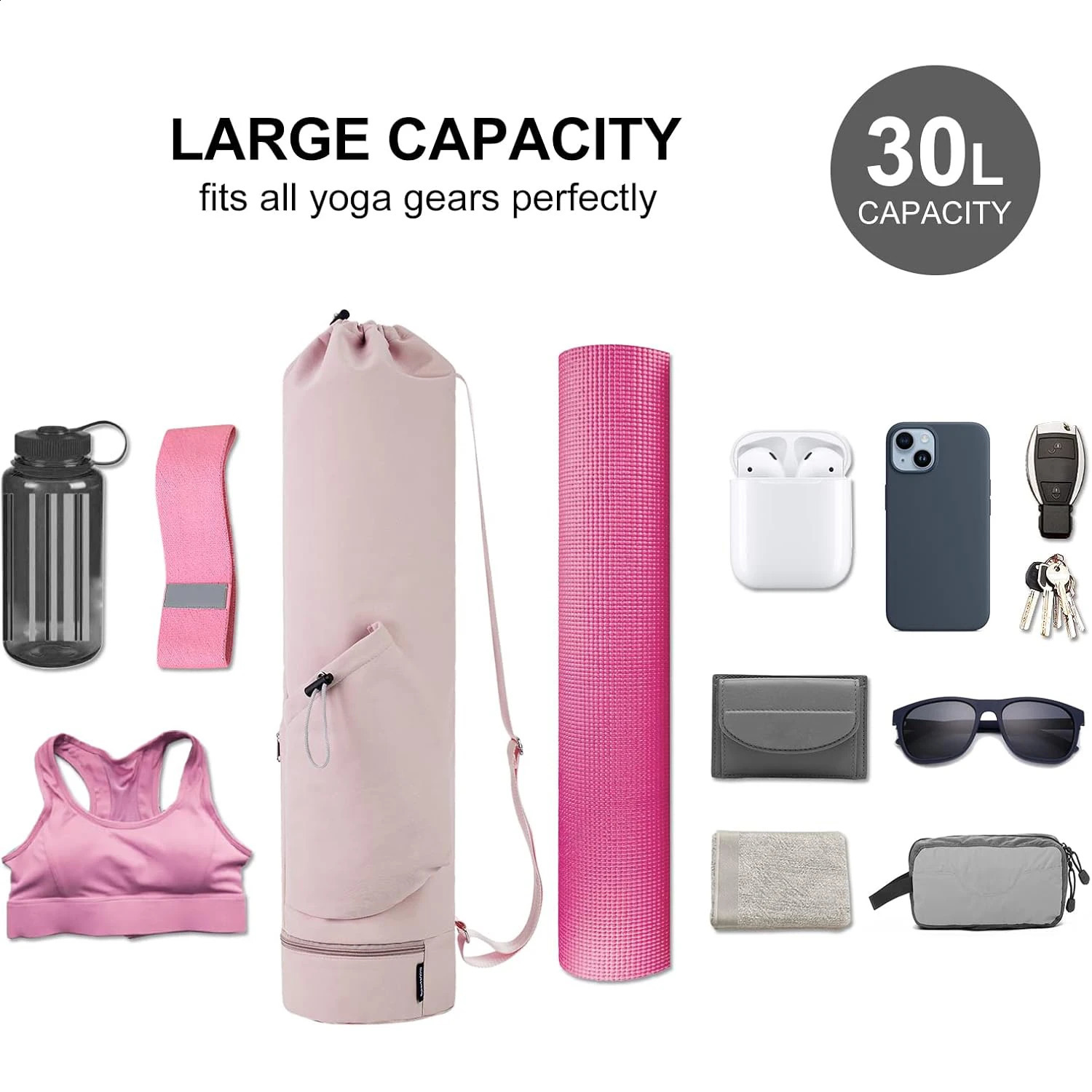 Yoga Mat Bag - Large Opening Long Tote with Waterproof Wet Pocket and Drawstring Water Bottle Pocket Adjustable Strap 250221