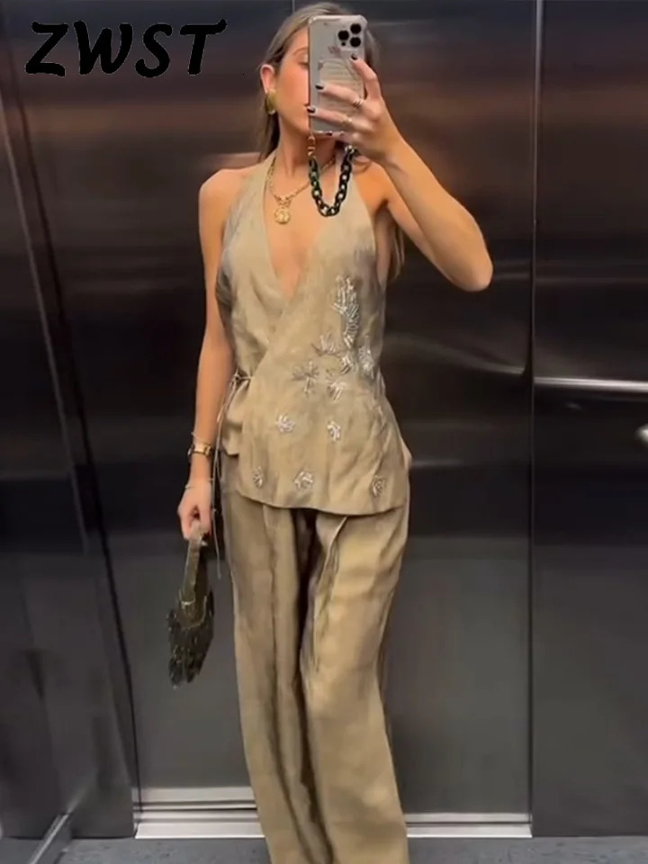 Vintage Beading Vest Pants Set Women Sleeveless V-neck Lace Up Top Print Straight Loose Trousers Summer Chic Wide Leg Suit 250527