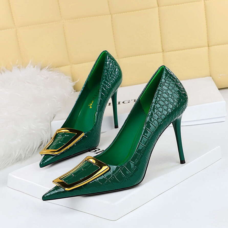3391-26 Korean Style Fashion Elegant Slimming Stiletto High Heels Shallow Mouth Pointed Toe Metal Buckle Single Shoes for Women
