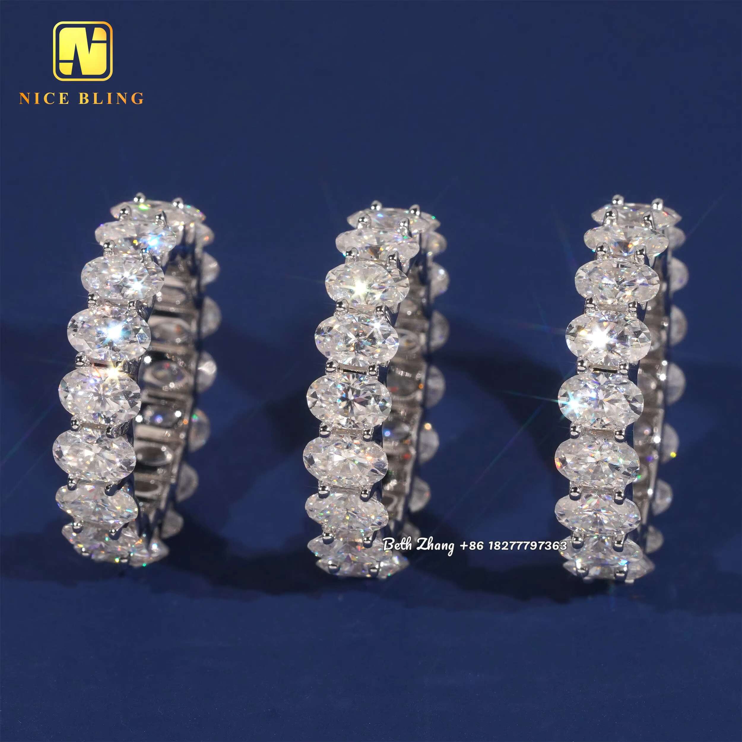 Fashion Engagement Bands 925 Silver Oval Moissanite Diamond Tennis Rings Trendy Hip Hop Wedding Ring for Men Women