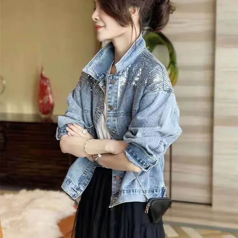 Denim Coat Female Ins Short Early Autumn Coat Sequins Loose Korean Version of Joker Autumn Style 250527
