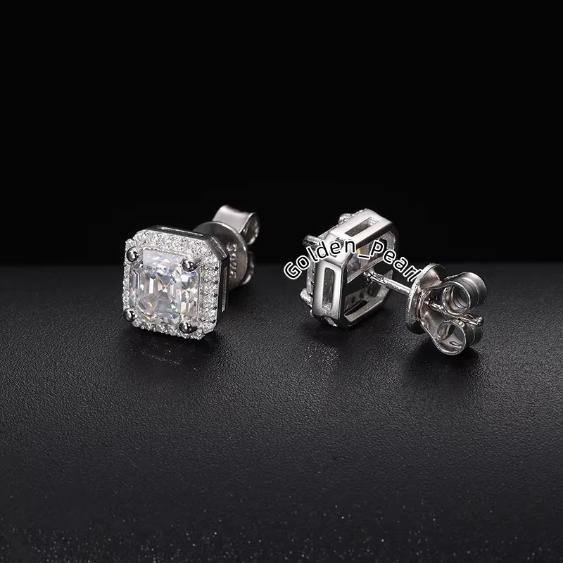 D VVS1 Ascher Cut Moissanite Square Stud Earrings 925 Sterling Silver High Quality For Women