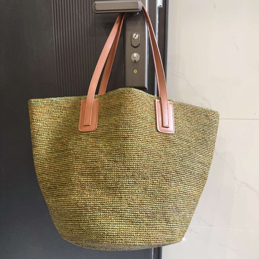 Straw Beach Tote French Style Simple Genuine Leather Shoulder Strap Raffia Woven For Women Beach Vacation Large Capacity Tote Bag Crossbody Bag