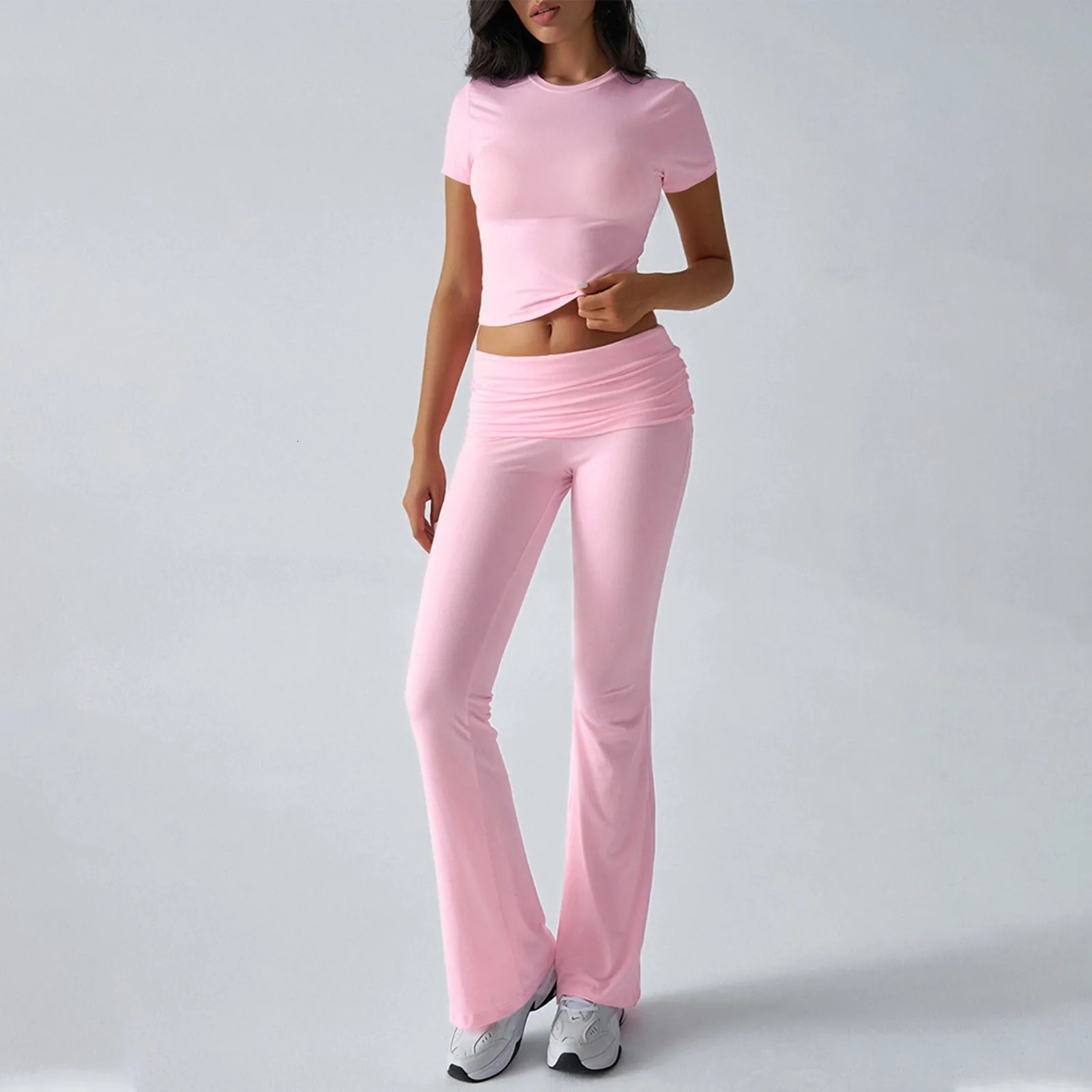 Casual Women Tracksuit 2piece Set Solid Short Sleeve Crop Topslong Pants Skinny Elastic Matching Streetwear Outfits 250527