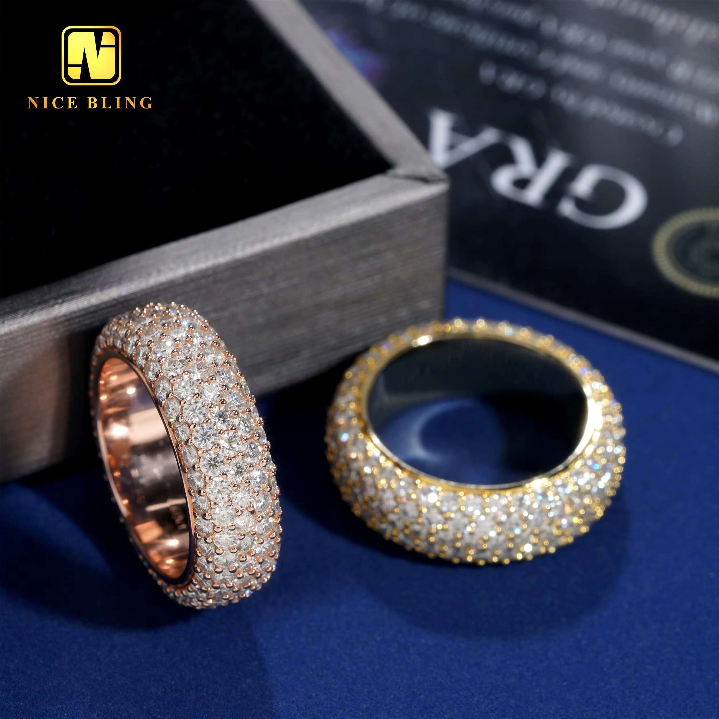 Luxury Men Women Moissanite Rings 925 Silver Jewelry Iced Out Hip Hop Diamond Rings 5 Rows Moissanite Engagement Band