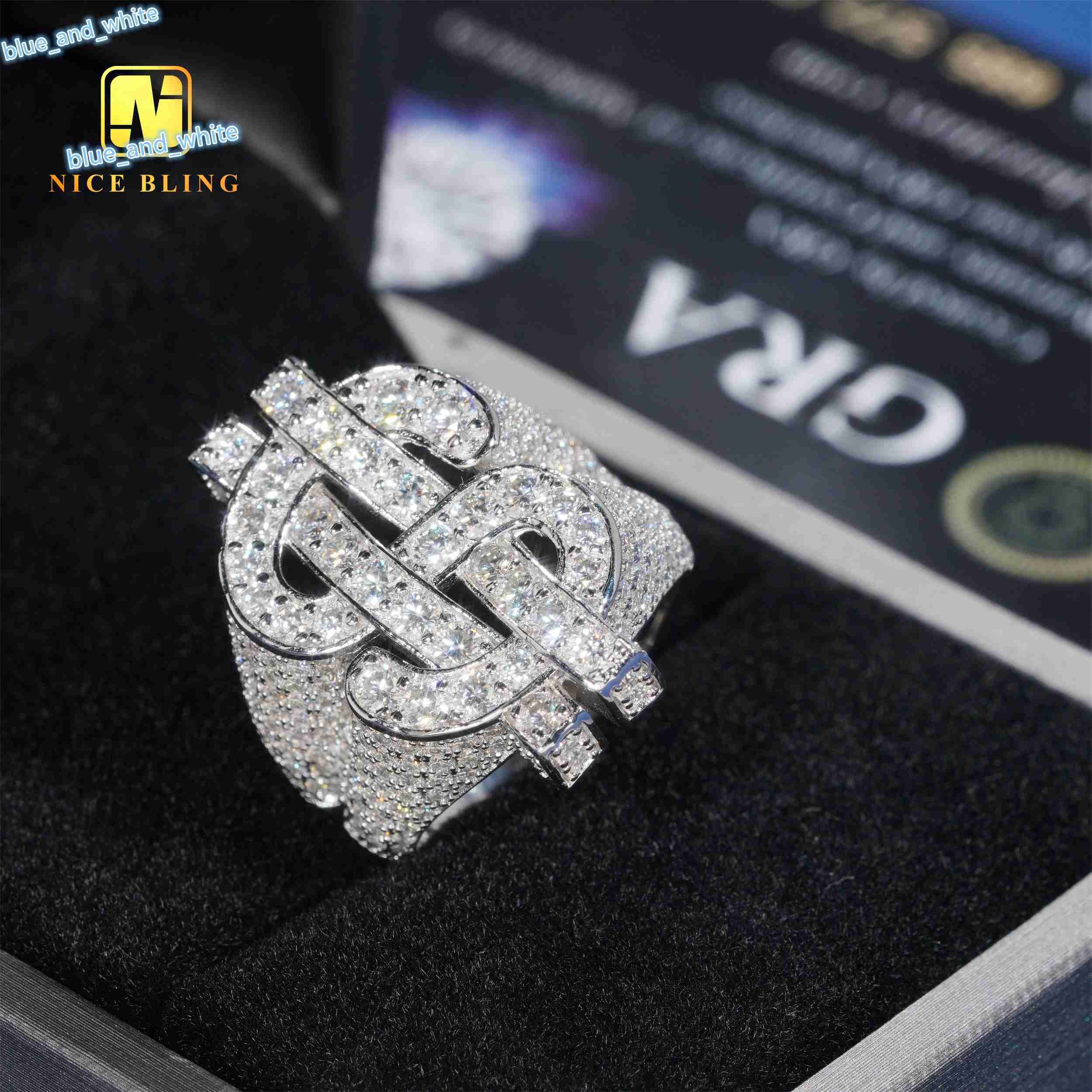 Rhodium Plated 925 Sterling Silver Jewelry Iced Out Dollar Rings Hip Round Brilliant Moissanite Rings for Men and Women