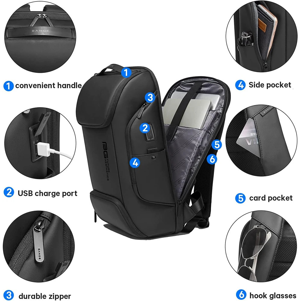 BANGE Business USB Charging Smart Backpacks Fits 15.6 Inch Laptop Commute Backpack WaterProof Carry On Bag for Men Travel Bags 250530