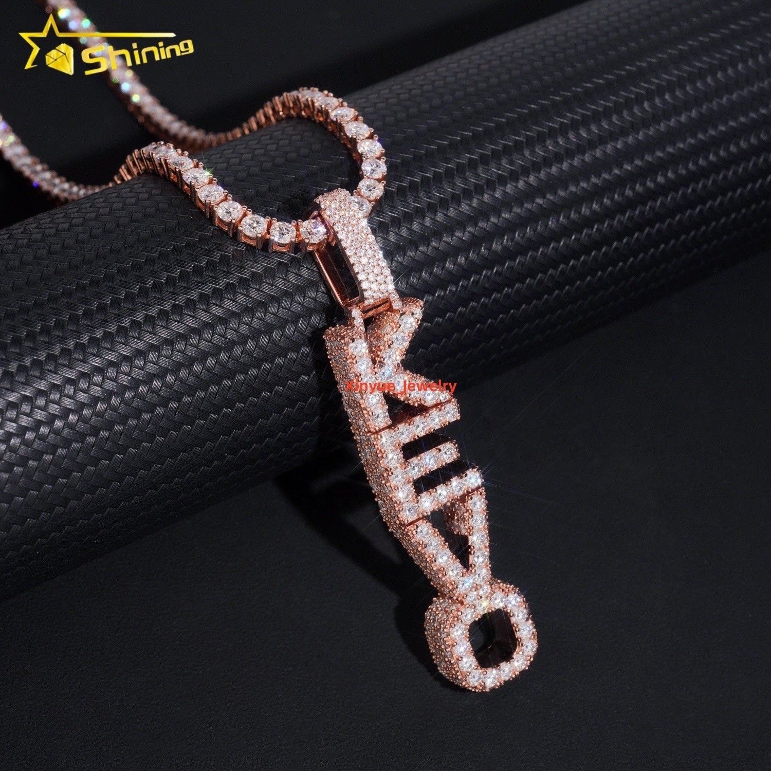 Custom Made 4 Letters Mosaic Setting Rose Gold Plated Moissanite Vertical Name Pendant With Tennis Chain 4MM