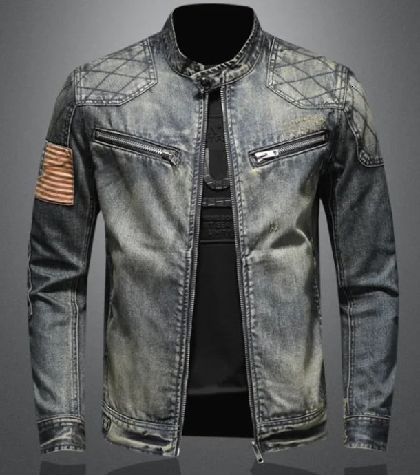 Denim Jacket Men Distressed Lapel Vintage Outwear Personalized slim fit Stand Up Collar Zipper Cowboy Cycling Motor 250530