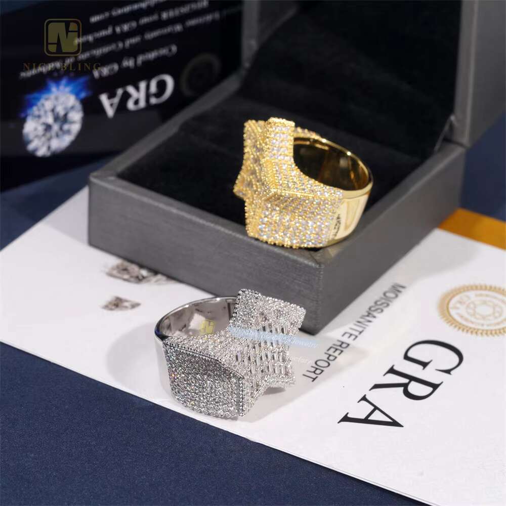 New Arrival Moissanite Hip Hop Men Ring Sterling Silver 925 Gold Plated Iced Out Baguette Moissanite Star Ring for Men