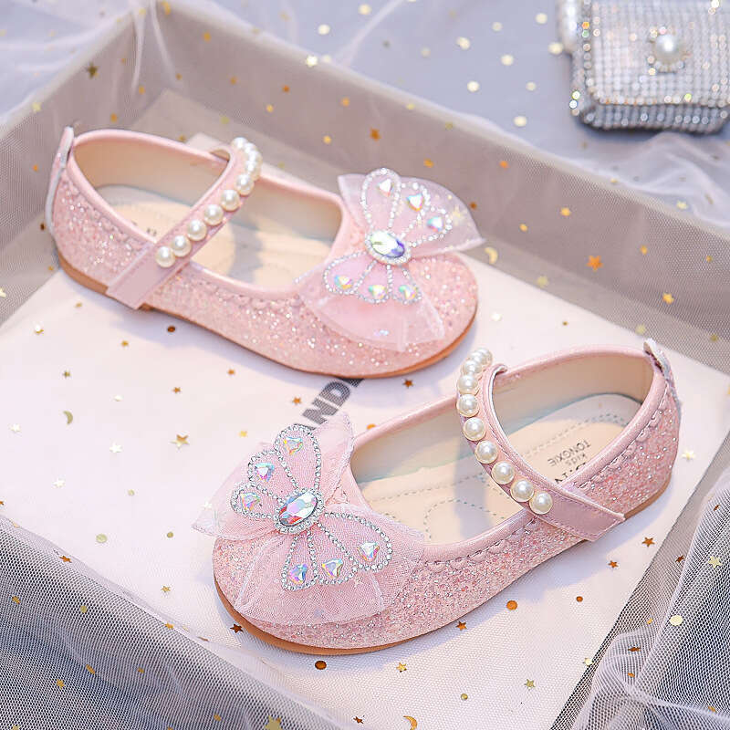 Girls' Princess 2025 Spring and Autumn New Little Girl Elsa Crystal Children's Soft Sole Leather Baby Single Shoes