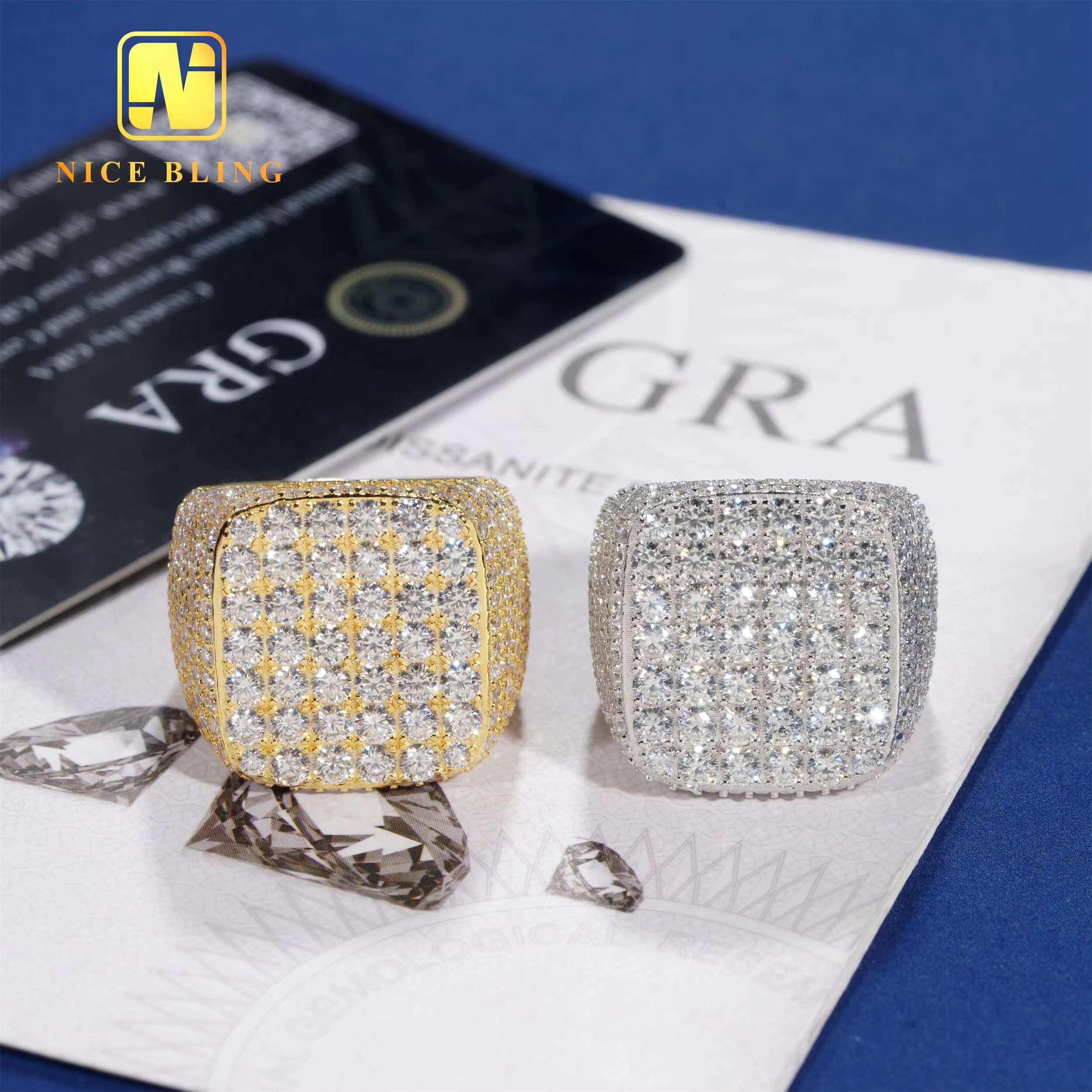 18K Gold Plated Full Iced Out Mens Rings Hip Hop Fashion Jewelry 925 Silver Moissanite square Shape Rings for Engagement