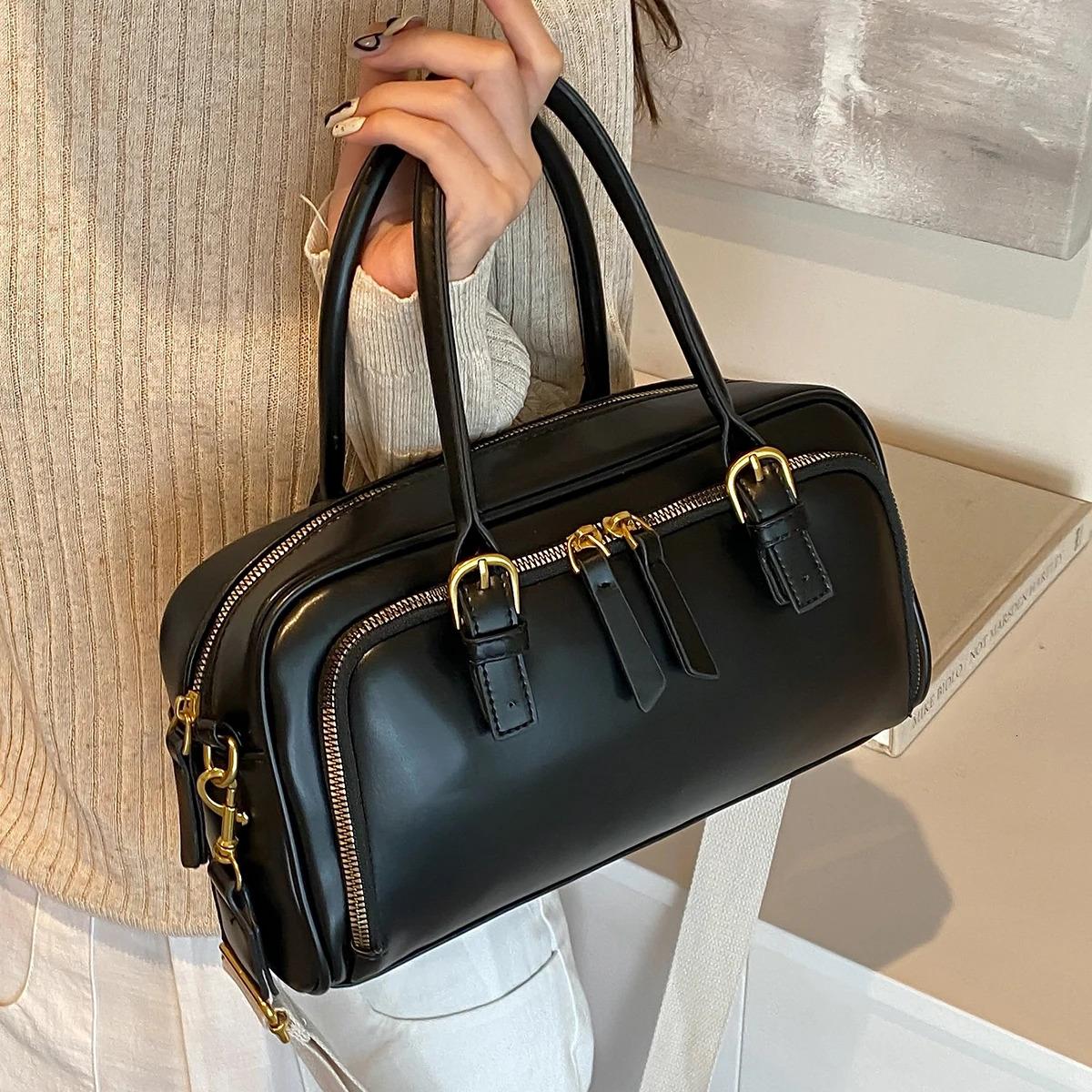 Vintage Handbags for Women Solid Pu Leather Tote Bags Large Capacity Female Commute Wide Strap Crossbody Packs 250530