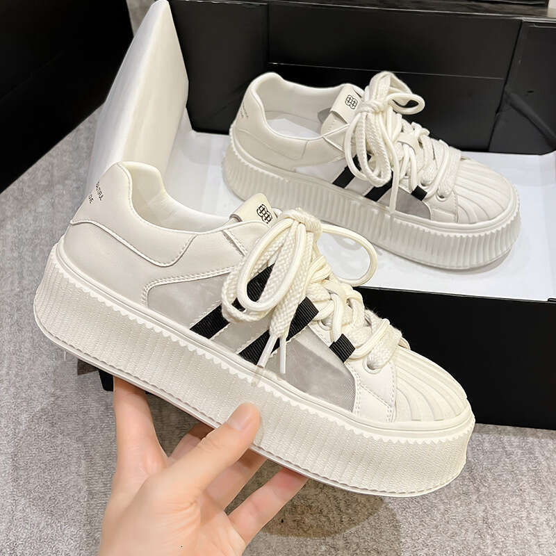 Platform Height Increasing Mesh White Summer Women's Shoes 2024 New Breathable Versatile Genuine Leather Chunky Sneakers