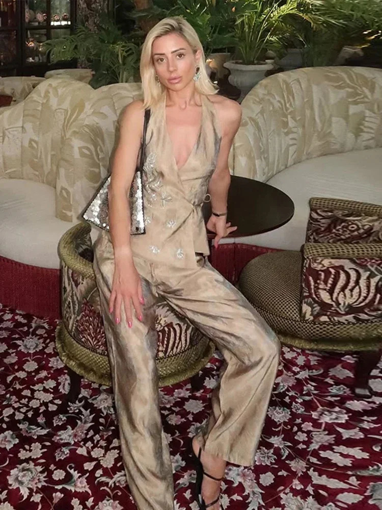 Chic Halter Bead Embroidery Long Pants Set Women Lace Up Backless Sleeveless Tank Top Wide Leg Trousers Suits2025 Female Outfits 250530