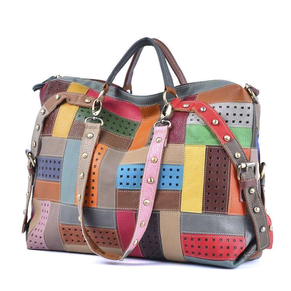 Designer Luxury Colorful Stripe Pattern Clash Large Capacity Single Shoulder Crossbody Genuine Leather Cowhide Ladies Tote Bag