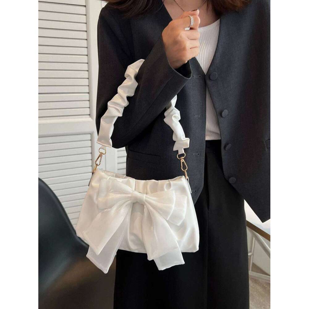Cute Kawaii Moire Ruched Lightweight Business Casual Bow Decor Handbag For Girls Women Fashionable Shoulder Bag