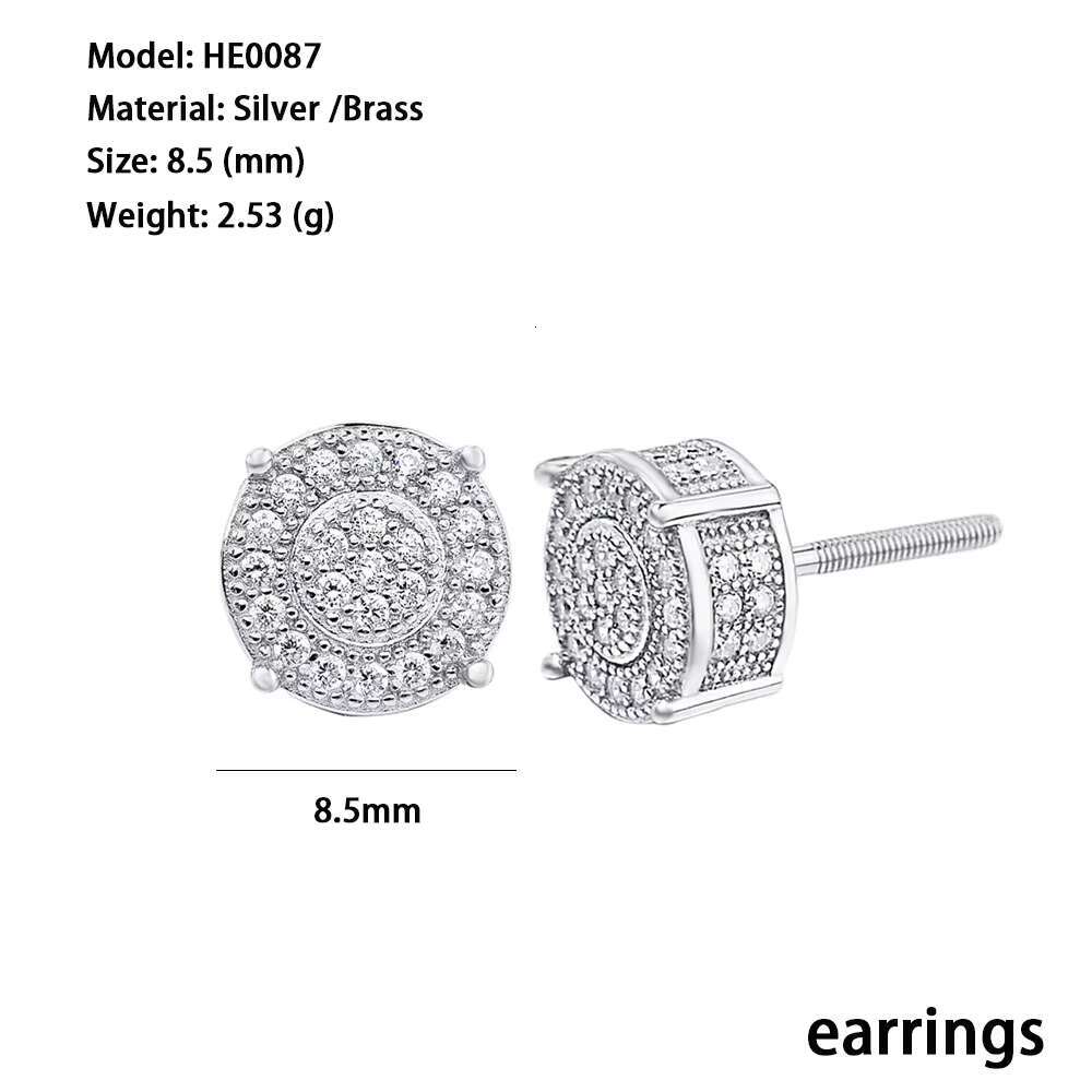 Hip Hop Jewelry Iced Out VVS Moissanite Diamond White Gold Plated 925 Silver Round Stud Earrings for Men