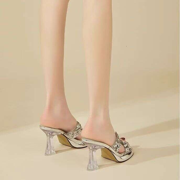 2025 Fashionable Elegant Stiletto High Heels for Women Summer Outdoor Silver Shiny Sandals Height Increasing Shoes