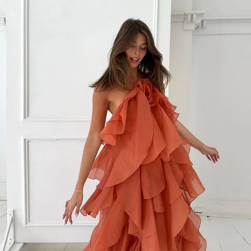 Women Casual Dresses Sexy Ruffles Long Dress Women Flower Backless Sleeveless Solid Party Beach Dresses Female 2025 Summer Lady Multi Layers Robes