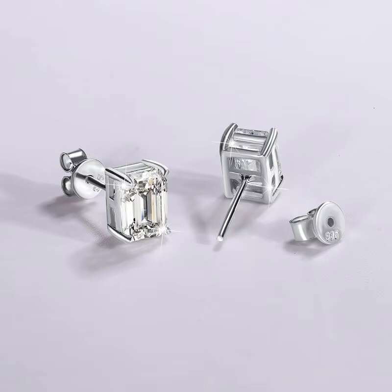 S925 Sterling Silver Emerald Cut Cubic De Rhodium-Plated VVS Moissanite Diamond Stud Earrings for Women/Men Princess Cut