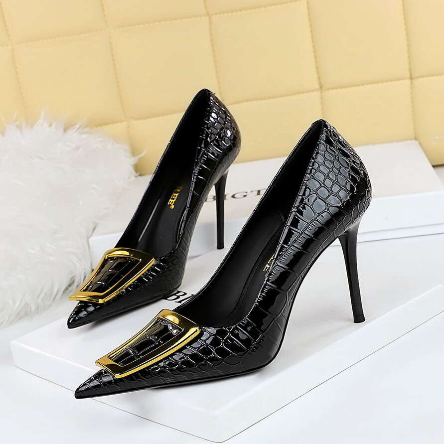 3391-26 Korean Style Fashion Elegant Slimming Stiletto High Heels Shallow Mouth Pointed Toe Metal Buckle Single Shoes for Women
