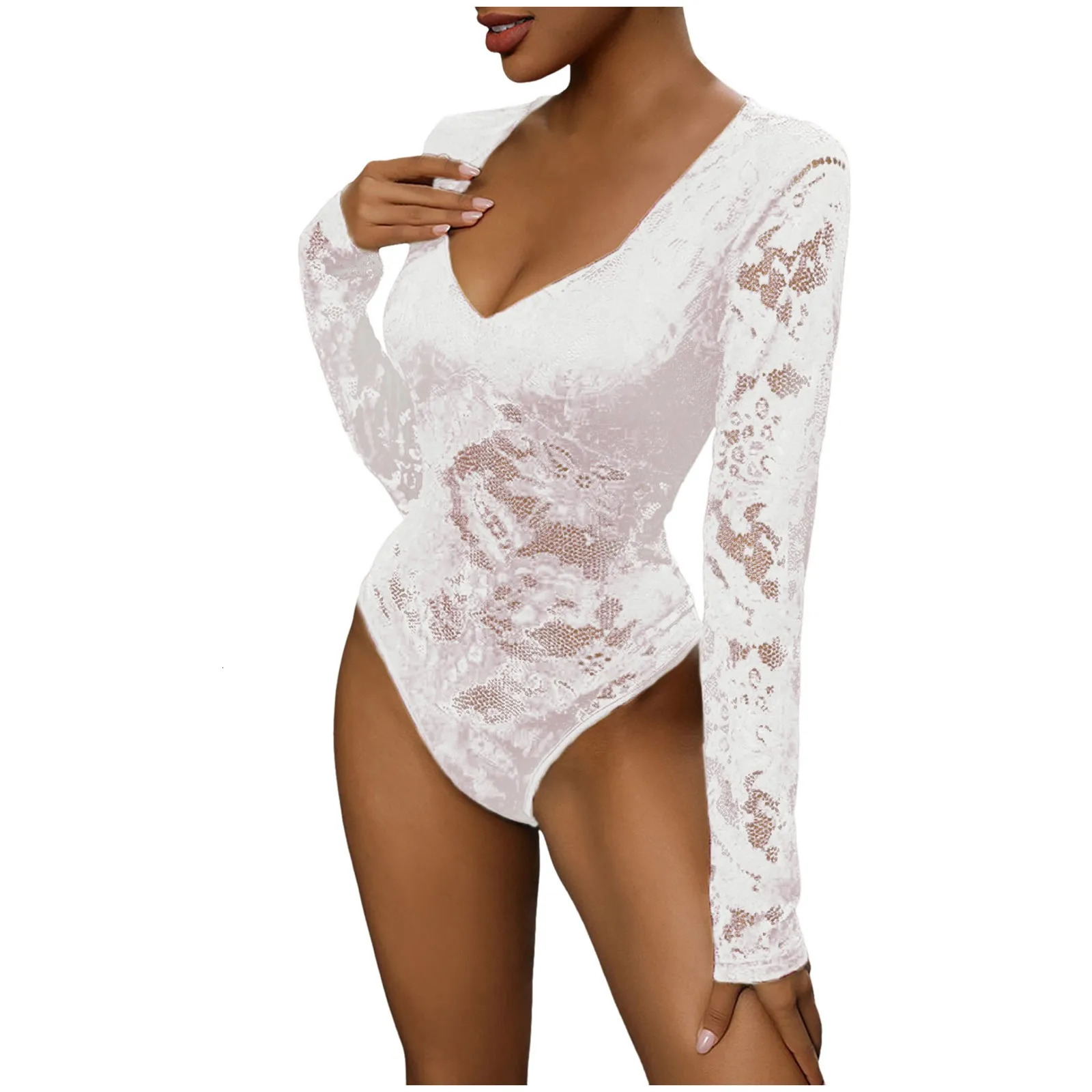 Womens Solid Color Mesh Stitching Lace Pattern Slim Fit And Thin Texture All Purpose Inner Jumpsuit Knit Jumpsuit Women 250527