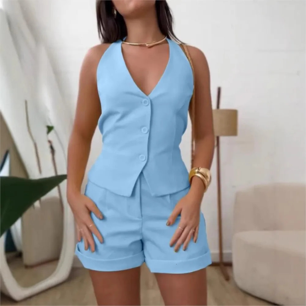 Two Piece Set Sleeveless Backless Blazer Shorts For Womens Summer Fashion V Neck Button Slimming Female Office Shorts Set 250527