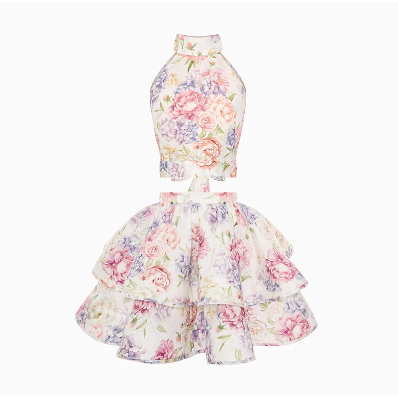 Two Piece Dress Autumn Winter Skirt Printed Stand Neck Hanging Backless Strap Top Puffy Skirt Woman Set Elegant Sleeveless Tops Layered Pleated Skirts