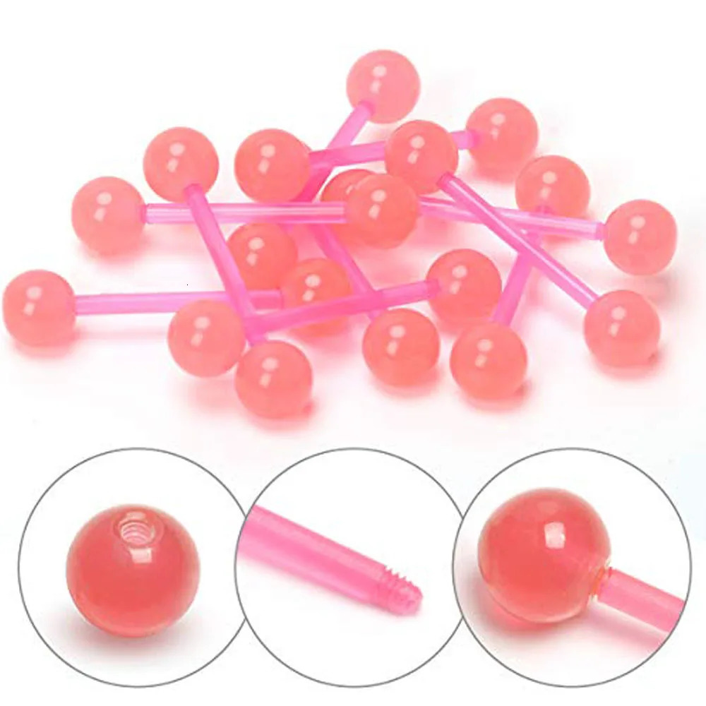 10Pcs 14G 16mm Glow in Dark Flexible Acrylic Tongue Ring or Nipple Ring Staight Tongue Barbell Retainer Piercing Jewelry Pink 250526