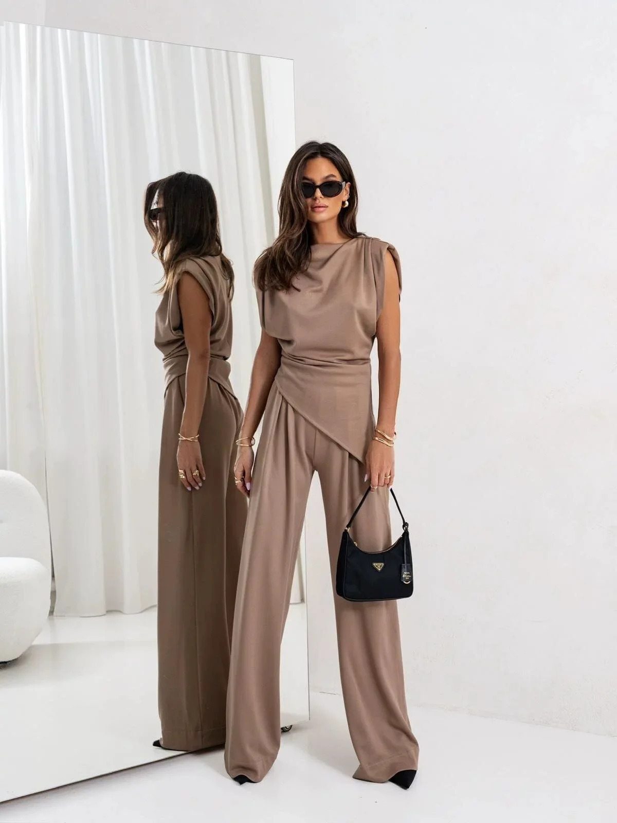 Womens Pleated Asymmetry Top Pants Suit Sexy Sleeveless Blouse High-waist Pocket Straight-leg Trousers Summer Set Fashion 250527