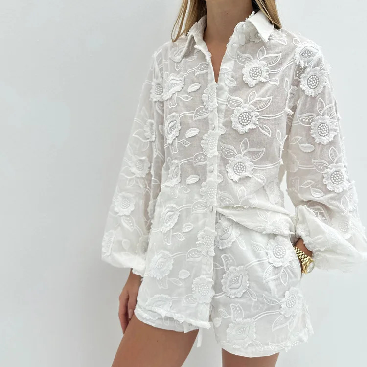Boho Beach Sheer Blouses Shirts High Waisted Shorts For Womens Two Peice Sets White Cotton Floral Embroidered Outfit Summer Suit 250527
