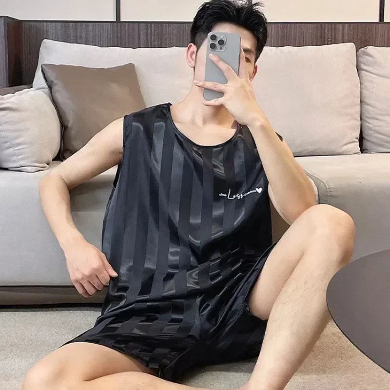 Pajamas Mens Ice Silk Thin Vest Shorts Loungewear Set Large Size Sleeveless Comfortable Casual 250526
